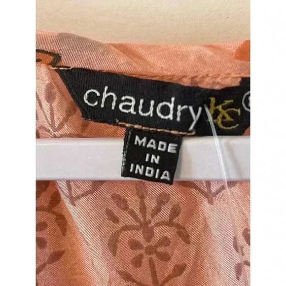 NWT Chaudry KC Size Med 100% Silk Coral Ruffle Floral Knee Length Boho Peasant - Picture 2 of 4